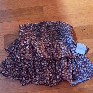 Altar'd State Floral Ruffle Mini Skirt in Brown and Pink